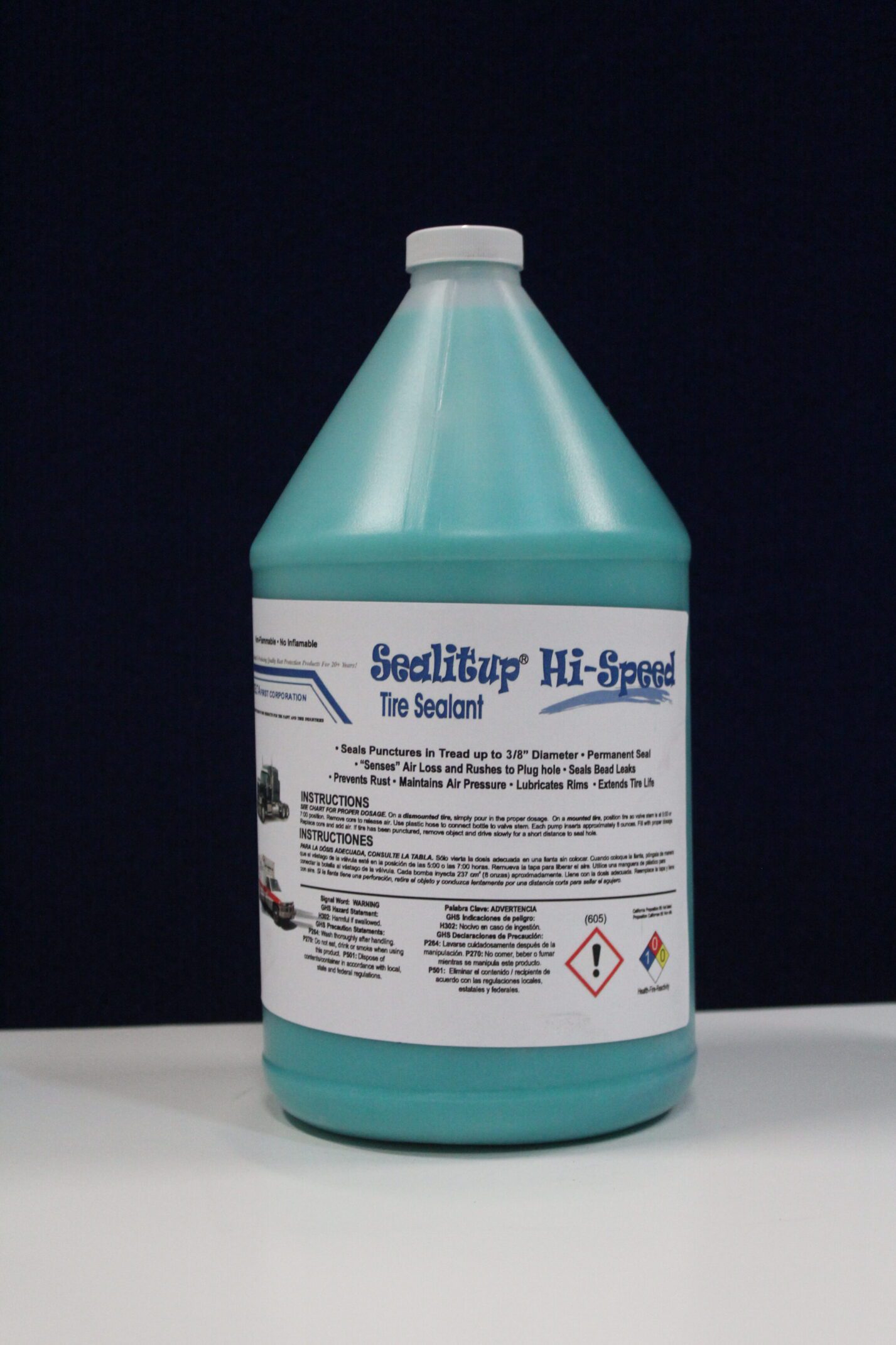One-gallon blue-green tire sealant bottle